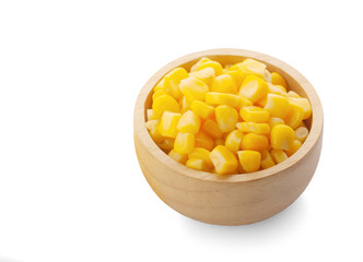 sweet corn in wooden bowl isolated on white background