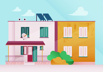 Vector illustration in Simple Minimal Geometric Flat Style. Beautiful City Landscape with Buildings and Trees. Cute Exterior Concept. Sea view.
