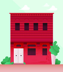 Naklejka premium Vector illustration in Simple Minimal Geometric Flat Style. Beautiful City Landscape with Buildings and Trees, Bushes. Cute Exterior Concept.