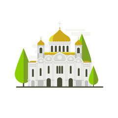 Cartoon symbols of Moscow. Popular tourist architectural object: Cathedral of Christ the Saviour.