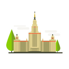 Cartoon symbol of Moscow. Popular tourist architectural object: Moscow State University.