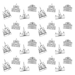 Cartoon symbols and objects set in line of Moscow. Popular tourist architectural objects: St. Basil's Cathedral, MSU, Cathedral of Christ the Saviour, Big Theatre, Moscow icons set.
