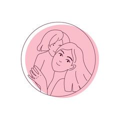 Line Abstract Drawing on Colorful Background in Circle. Contemporary Modern Flat Vector Illustration. Continuous Line Art of Mother and Child. Minimalist Contour. Poster, Tote Bag Design. 