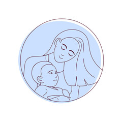 Line Abstract Drawing on Colorful Background in Circle. Contemporary Modern Flat Vector Illustration. Continuous Line Art of Mother and Child. Minimalist Contour. Poster, Tote Bag Design. 