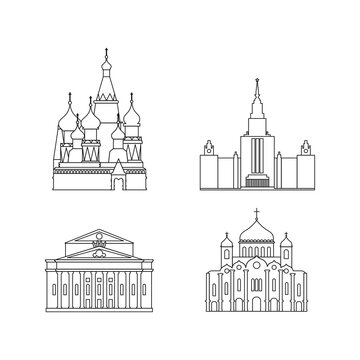 Cartoon symbols and objects set in line of Moscow. Popular tourist architectural objects: St. Basil's Cathedral, MSU, Cathedral of Christ the Saviour, Big Theatre, Moscow icons set.
