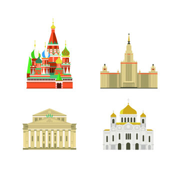 Cartoon symbols and objects set of Moscow. Popular tourist architectural objects: St. Basil's Cathedral, MSU, Cathedral of Christ the Saviour, Big Theatre, Moscow icons set.