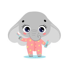 Vector flat doodle cute cartoon baby elephant brushing teeth. Animals brush their teeth.