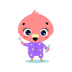 flat doodle cute cartoon baby flamingo brushing teeth. Animals brush their teeth.