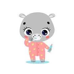 Vector flat doodle cute cartoon baby hippo brushing teeth. Animals brush their teeth.
