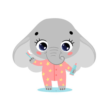 Vector flat doodle cute cartoon baby elephant brushing teeth. Animals brush their teeth.