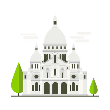 Cartoon symbols of Paris. Popular tourist architectural object: Sacre Coeur basilica, Basilica of the Sacred Heart, Montmartre.