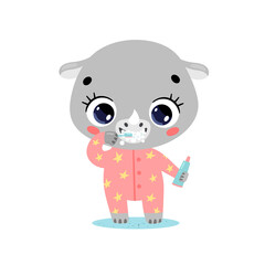 Fototapeta premium Vector flat doodle cute cartoon baby rhino brushing teeth. Animals brush their teeth.