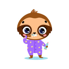 flat doodle cute cartoon baby sloth brushing teeth. Animals brush their teeth.