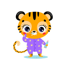 flat doodle cute cartoon baby tiger brushing teeth. Animals brush their teeth.