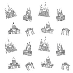 Pattern of cartoon symbols of Saint-Petersburg in line. Popular tourist architectural object: Church of the Savior on the Blood, Smolny Cathedral, Narva Triumphal Arch, Saint Isaac's Cathedral, Russia
