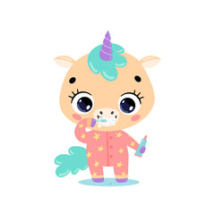 flat doodle cute cartoon baby unicorn brushing teeth. Animals brush their teeth.