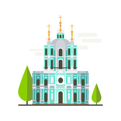 Cartoon symbols of Saint-Petersburg. Popular tourist architectural object: Smolny Cathedral of Christ Resurrection, Russia