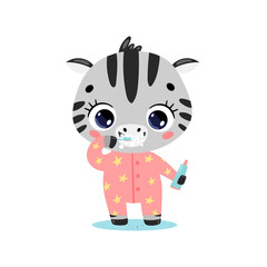 Fototapeta na wymiar Vector flat doodle cute cartoon baby zebra brushing teeth. Animals brush their teeth.