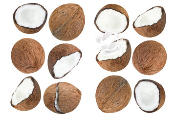Collection of delicious coconuts, isolated on white background
