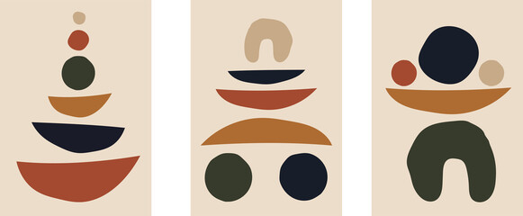Fototapeta na wymiar Collection of abstractions with different colored modern shapes (circles) on a beige background. Hand drawn