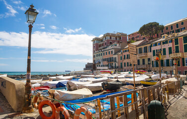 GENOA, ITALY, MAY 12, 2021 - View of Vernazzola beach in Genoa, Italy.