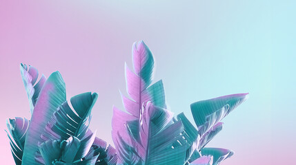Tropical leaves in neon pink blue lighting . Minimalistic background concept art.
