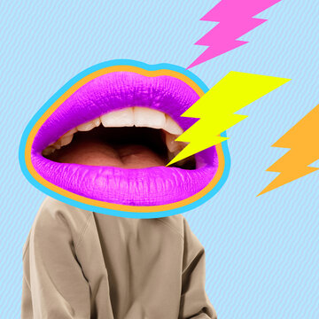 Contemporary Art Collage, Modern Design. Younf Man In Stylish Youth Clothes Headed Of Female Mouth, Lips Isolated On Bright Abstract Background. Fashion Concept