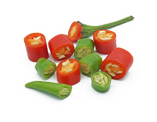 Chopped red and green chili pepper, Hot spice seasoning, Ingredients for spicy food, Isolated on white background