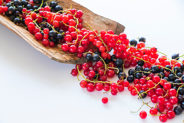 Red and black currant on the wooden and white background