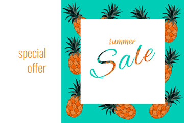 Summer sale banner for design. Pineapple, ananas, orange blue colors. Template. Vector illustration.
