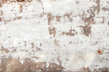 Dark Plaster Wall With Dirty White Black Scratched Horizontal Background. Old Brickwall With Peel Grey Stucco Texture. Retro Vintage Worn Wall Wallpaper. Decayed Cracked Rough Abstract Banner Surface.