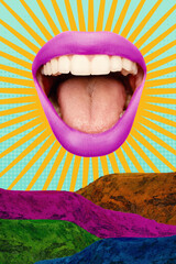 Contemporary art collage, modern design. Summer time mood. Composition with female opened mouth isolated over bright absract background.