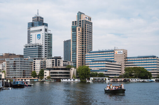 Amsterdam, Netherlands - July 26 2021: Philips Headquarters Amsterdam photographed from a boat on the Amstel river
