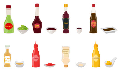 A set of different types of sauces in saucepans and packages.Soy sauce, mustard, wasabi,ketchup, fish sauce, curry sauce, teriyaki and garlic sauce.Plastic and glass packaging.Vector illustration on a - obrazy, fototapety, plakaty