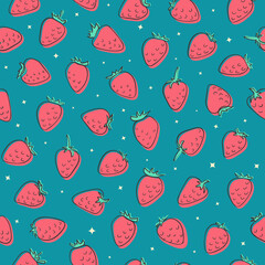 Hand drawn strawberry seamless vector pattern. Pink berries with black doodle outline on blue background