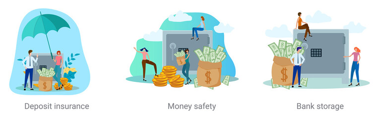 A set of vector illustrations on a business topic.Deposit insurance,money security,bank storage.Abstract isometric illustrations in blue. - obrazy, fototapety, plakaty