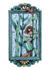 Underwater Scene With Mermaid, starfish and  seaweed with frame. Ink pen  and colored pencils hand drawn Illustration.