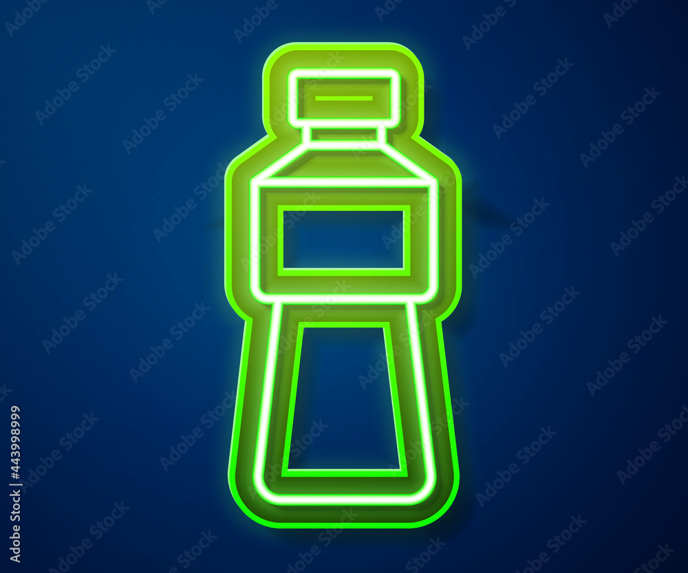 Sticker Glowing neon line Bottle of water icon isolated on blue background. Soda aqua drink sign. Vector