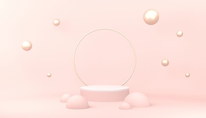 Pink pedestal or podium with pearls on pastel pink background for product demonstration.  3D rendering.
