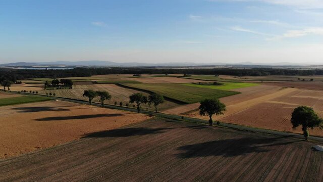 Agriculture landscape in Poland. Harvest time fields view in Lower Silesia (Dolnoslaskie) province.