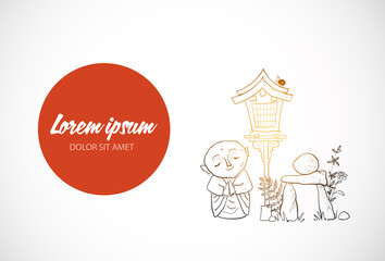 Japanese zen garden in doodle style. Bodhisattva Jixo, toro lantern and zen rock sculpture on white background.