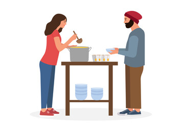 Volunteer feeds poor homeless person. Help and support. Generous girl giving food to beggars on street. Woman with a soup in the pot.  Voluntary altruistic activity.Isolated vector flat illustration