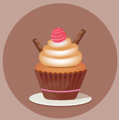 Delicious cupcake with raspberry on the top and waffle sticks