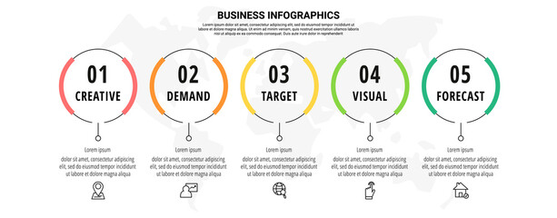 Business vector infographics with 5 line circles. Timeline visualization with five steps for diagram, flowchart, banner, presentations, web, content, levels, chart, graphic
