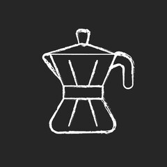 Moka pot chalk white icon on dark background. Steel utensil for kitchen. Coffee maker. Tool for brewing espresso at home. Stove top pot. Isolated vector chalkboard illustration on black