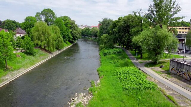 Olza river on a border between Poland and Czech Republic. View from bird sight on Cieszyn, Poland and Cesky Tesin, Czech Republic.
