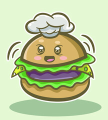 Cute hamburger Kawaii with his cook's hat.
How cute this burger chef, with his smile he waits for the next recipe.