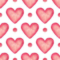 Watercolor illustration pattern of pink hearts and circles. Seamless repeating love print. Celebration wedding, February 14. Isolated on white background. Drawn by hand.
