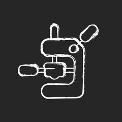 Tamping espresso machine chalk white icon on dark background. Professional coffee maker. Commercial appliance for americano. Barista accessories. Isolated vector chalkboard illustration on black