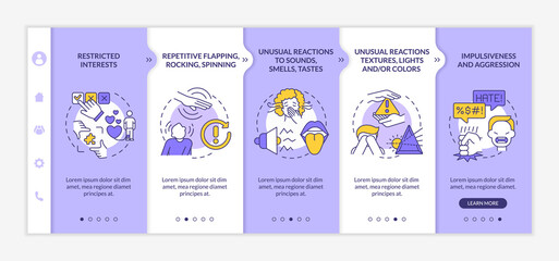 Autism diagnosis onboarding vector template. Responsive mobile website with icons. Web page walkthrough 5 step screens. Repetitive movements, impulsiveness color concept with linear illustrations - obrazy, fototapety, plakaty